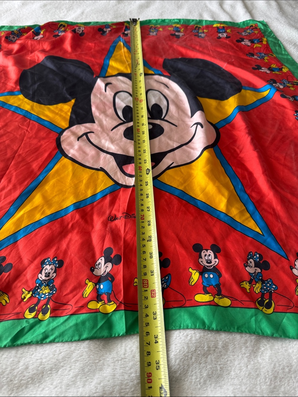 Vintage Disney Mickey Minnie Silk Scarf Red Green Star Graphic Italy Luxurious - Picture 8 of 12